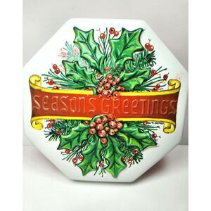 Vintage Ullman Co. “Seasons Greetings” Octagon Holiday Plastic Tin Holly